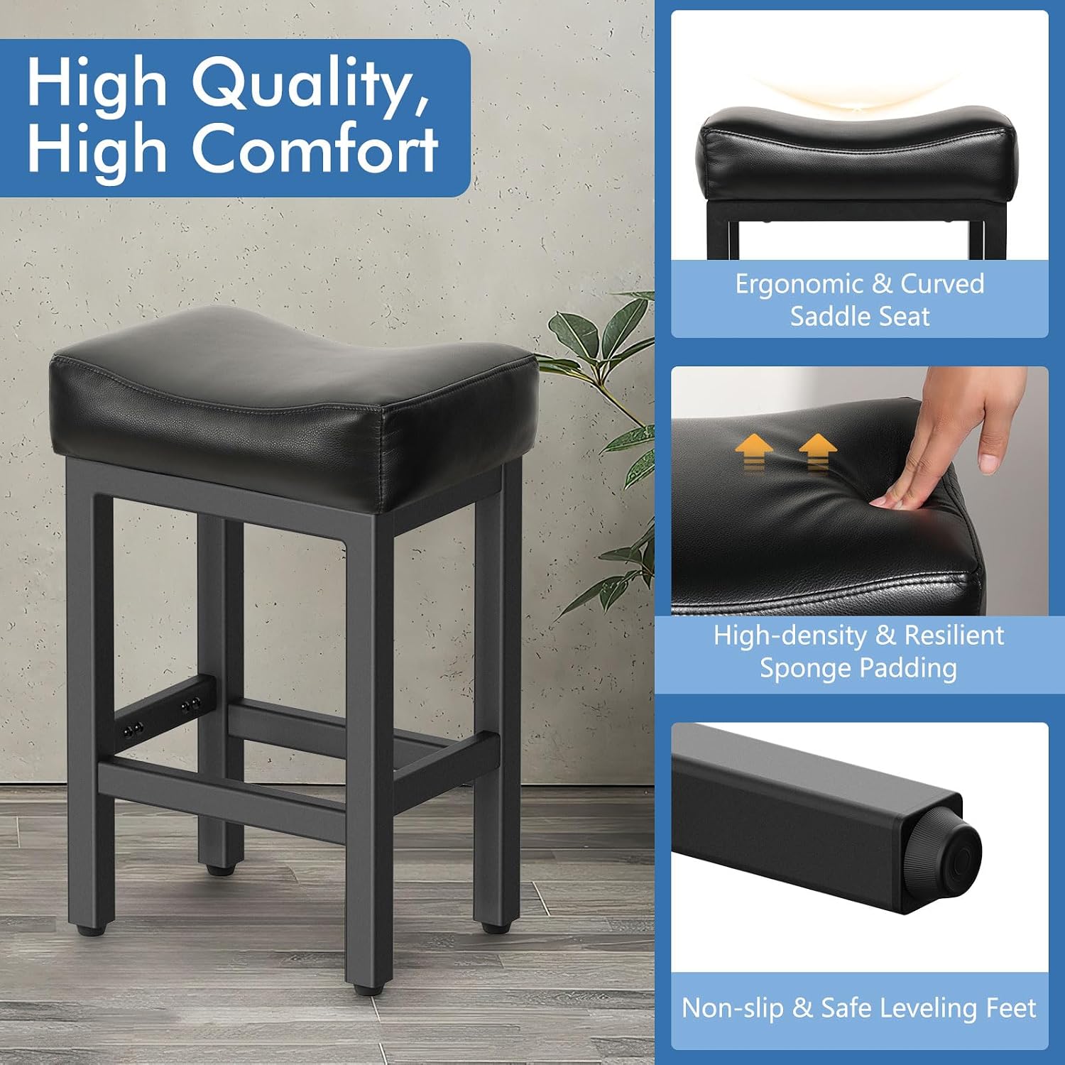 Raynesys 24 Inche Bonded Leather Counter Height Bar Stools Set of 2 Square | Barstools with Thick Bonded Leather Saddle Seats & Heavy Duty Metal Base for Kitchen Counter, Easy Assembly, All Black